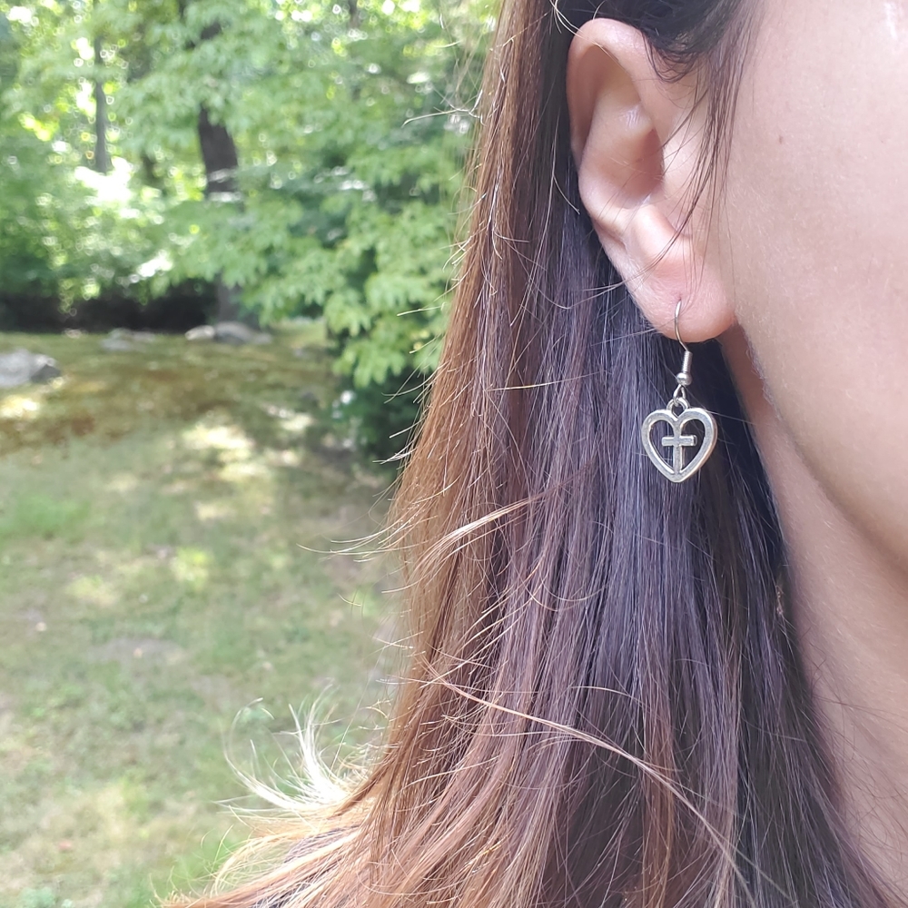 New Handmade Dainty Silver Cross Heart Earrings - Picture 8 of 15
